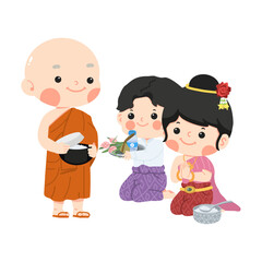 Buddhist monk receive food offering from couple