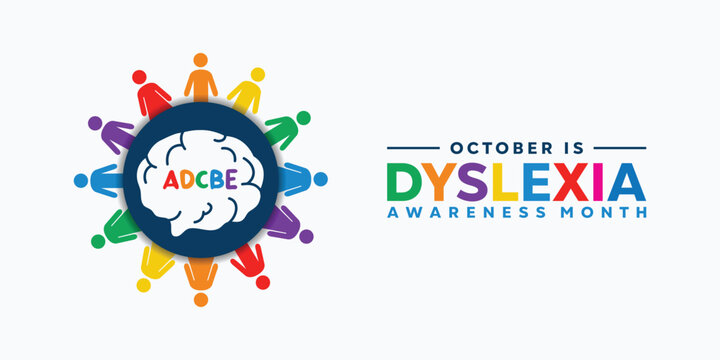 Dyslexia Awareness Month. People, brain and alphabet. Great for cards, banners, posters, social media and more. White background. 