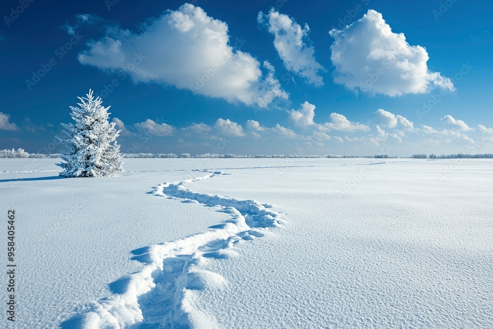 Poster a snow-covered pine tree stands alone in a vast winter field with a winding path through the snow