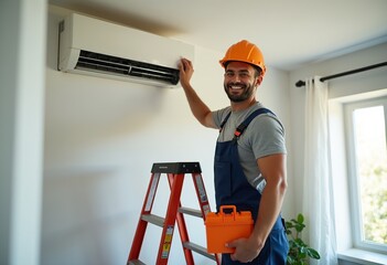 A smiling electrician stands on a ladder, holding a toolbox, and working on a modern air conditioner. This candid, amateur-style photo captures the warmth and authenticity of the moment.