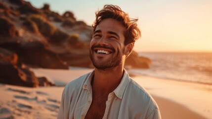 A cheerful man is smiling joyfully on the beach during sunset hours