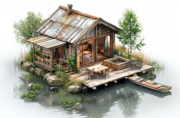 Obraz premium 3D diorama miniature view of a small wooden fishing