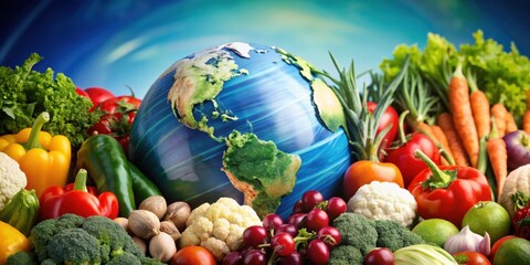 Vibrant close-up of fresh vegetables around Earth globe for World Vegetarian Day, World Vegetarian Day, vegetables