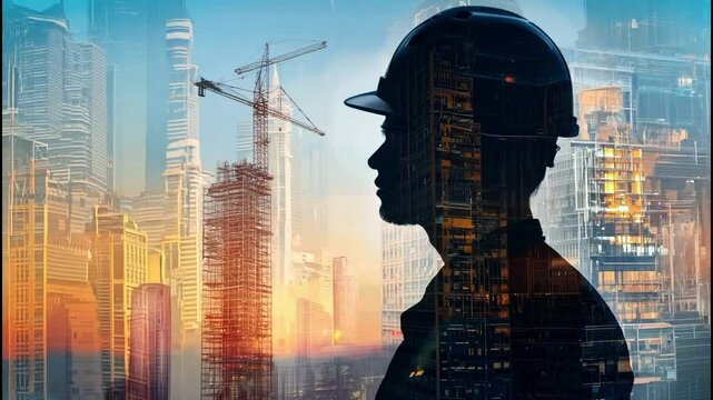 Future building construction project concept with double exposure graphic design. Construction engineer, architect or construction worker working with modern civil engineering equipment