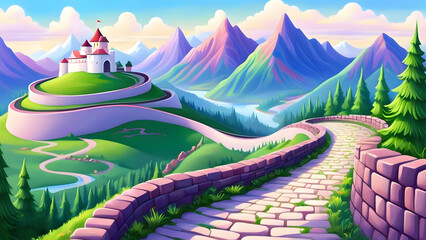 Vibrant Animated Landscape with Winding Stone Path and Majestic Castle - Purple Mountains, Serene River, and Pastel Sky