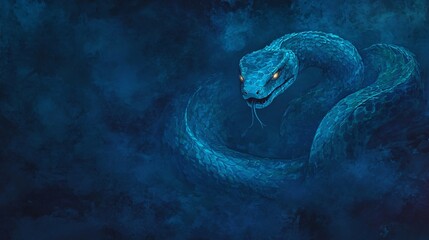 Fototapeta premium A mesmerizing blue snake emerges from a dark misty background, exuding an aura of mystique.