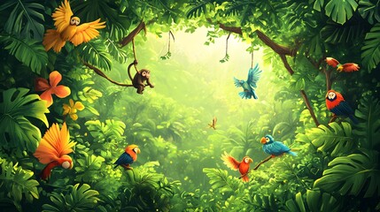 Jungle Illustration with Monkey and Colorful Birds
