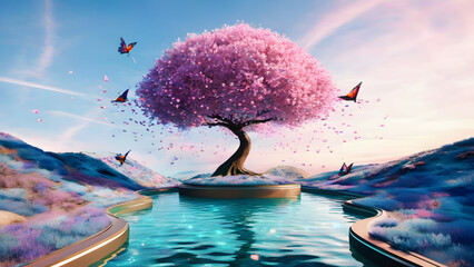 Surreal Digital Artwork of Cherry Blossom Tree on Reflective Waterway - Vibrant Pink Canopy, Pastel Sky, and Colorful Butterflies