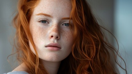 Naklejka premium A close up image showcasing a woman s face adorned with red hair and blue eyes