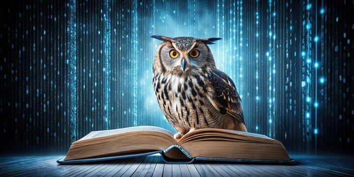 Wise owl on book with binary code streams floating, owl, book, wise, binary code, technology, education, intelligence