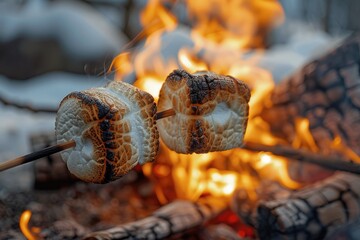 Obraz premium Roasting Marshmallows Over Campfire Flames in Outdoor Setting