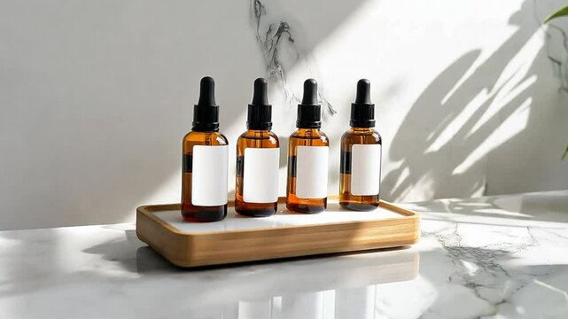 Cosmetics packaging. Set of different cosmetic bottles of cream or serum on a ceramic tray. Blank packaging. Natural beauty spa product concept. Beauty. Mock-up	