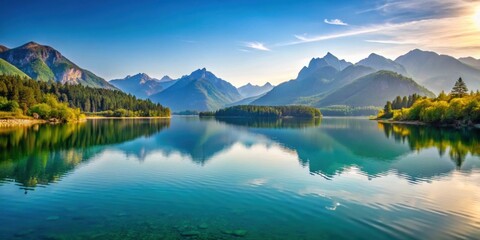 Peaceful lake surrounded by soft-hued mountains, serene, tranquil, water, reflections, nature, calm, landscape, serene