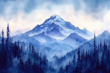 A watercolor painting depicting a snow-capped mountain peak rising above a misty forest, with a blue sky and clouds in the background.