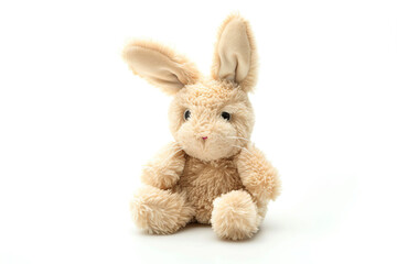 Obraz premium Soft toy rabbit features fluffy fur and expressive eyes on white background
