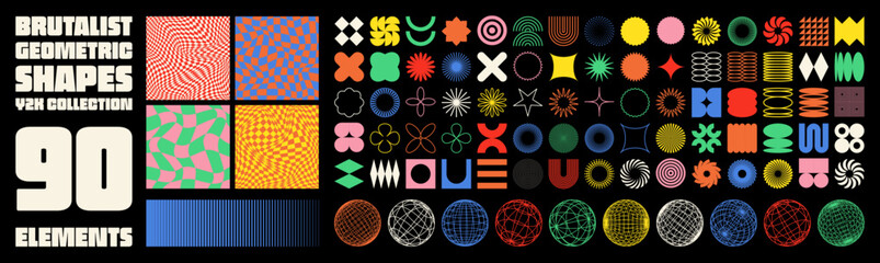 Brutalist geometric shapes, modern symbols. Groovy checkered pattern, distorted tiled grid. Simple elements, forms. Retro design, trendy contemporary minimalist style, y2k. Vector illustration © 32 pixels