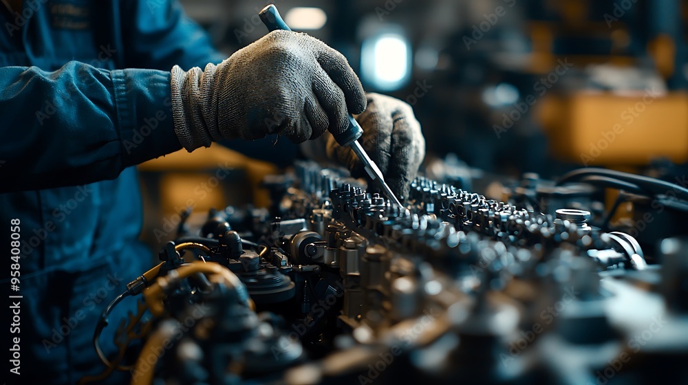 Poster a mechanic focuses intently on an engine, captured in a close-up that highlights the intricacy of hi