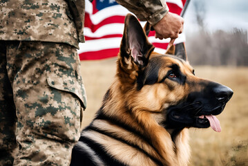 An American military man with a service German Shepherd standing before the U.S. flag on Veterans Day.