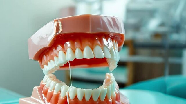 Model of a jaw with dental floss on the table in the dentist room. Oral care concept,	