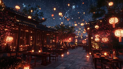 A traditional Chinese lantern festival dinner unfolds at night, with lanterns casting a warm, inviting glow.
