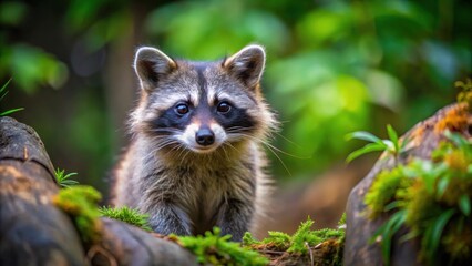 Fototapeta premium Playful and curious raccoon exploring its natural habitat, wildlife, mammal, North America, masked bandit, furry
