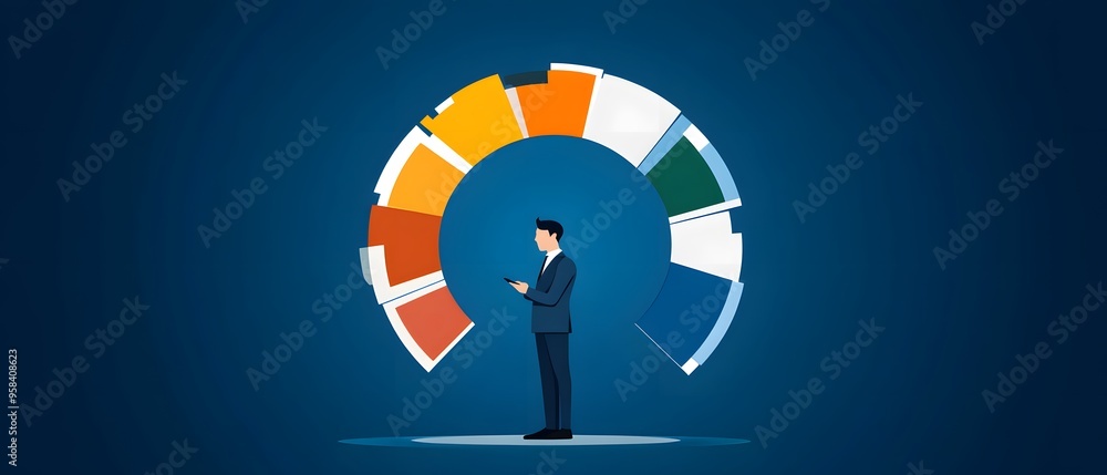 Poster businessman analyzing data on his phone with a colorful, segmented circular chart in the background,