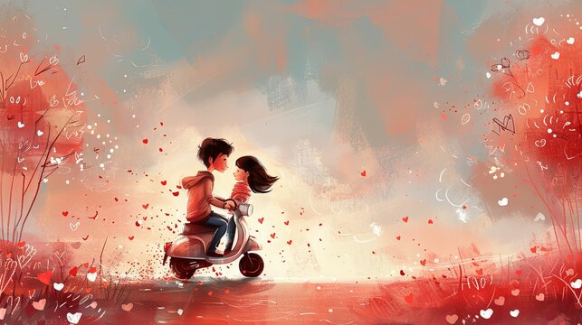 A Couple Riding a Scooter Through a Field of Hearts
