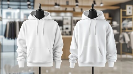 Front and back view of a plain white hoodie on a mannequin, isolated against a blurred clothing store background. Ideal for showcasing apparel designs, fashion retail, or branding mockups.