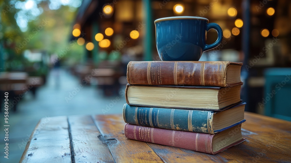 Poster Stack of Books with a Blue Mug on Top