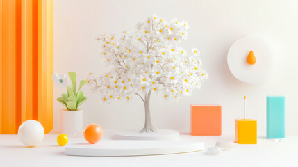 3D rendering. Pink pastel podium with geometric shapes and pink flowers.