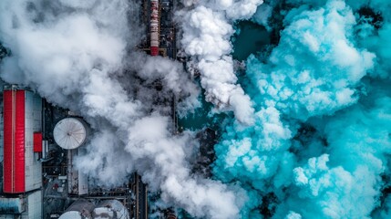 Industrial area with factories emitting plastic dust and microplastics, showing the contribution of industrial processes to pollution.
