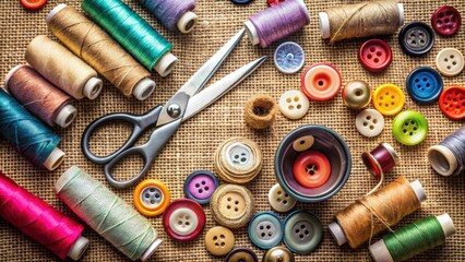 Sewing accessories including thread, needles, buttons, and scissors on a background , sewing, accessories, needlework