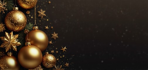 Golden snowflakes, gifts, Christmas balls and stars on dark background