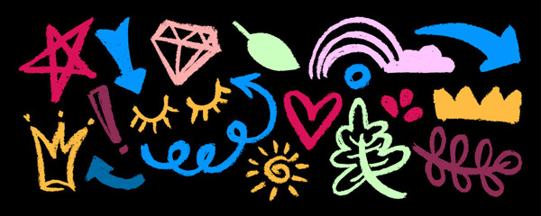 Obraz premium Collection of brush drawn colorful symbols: heart, star, arrows, eyes, tcrown, leaves, swirls and dots with dry brush texture. Exclamation and question marks. Bold graffiti style shapes. 