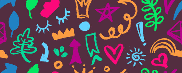 Seamless pattern with brush drawn doodle colorful shapes. Heart, leaves, arrows, crown, flower,  swirls and dots with dry brush texture. Banner background with nice graffiti style elements. 