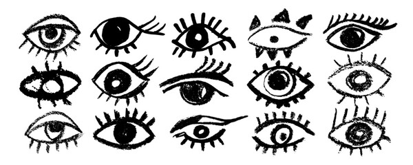 Set with brush stroke eyes . Hand drawn vector human parts of faces elements, various opened eyes. Black ink vision icon, hand drawn grunge ophthalmologist symbol, drawn charcoal eyes collection, 