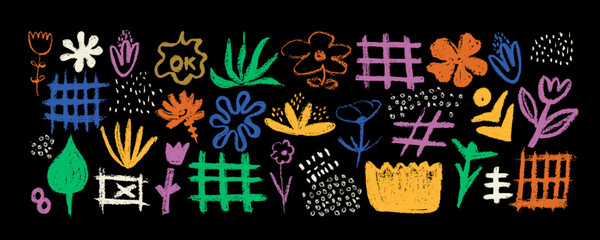Collection  with  colorful grids  and various flowers, girly shapes, dots with charcoal texture.  Hand drawn graffiti  scribbles and squiggles,  various shapes . Scribbles, scrawls, various flowers,  