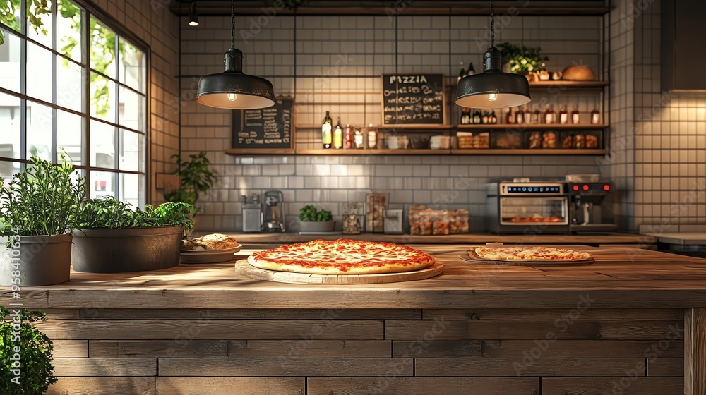 Wall mural cozy kitchen scene with freshly baked pizza on a wooden table, plants on the counter, and warm ambie