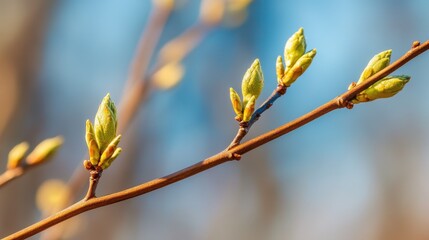 Close-up of fresh green buds emerging from a thin twig in spring, showcasing nature's beauty and renewal.