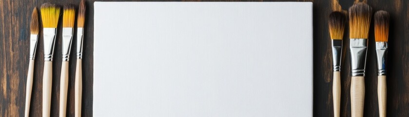 A blank canvas surrounded by various paint brushes, ideal for creativity and artistic expression in painting.