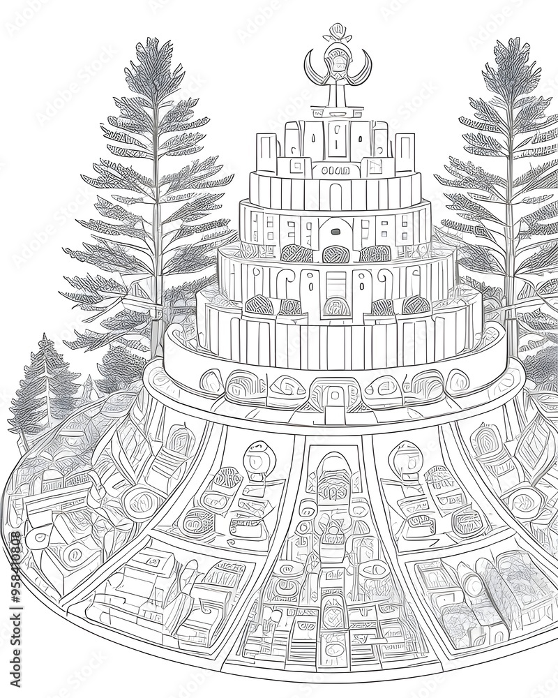 Poster a drawing of a tower with a cross on the top of it