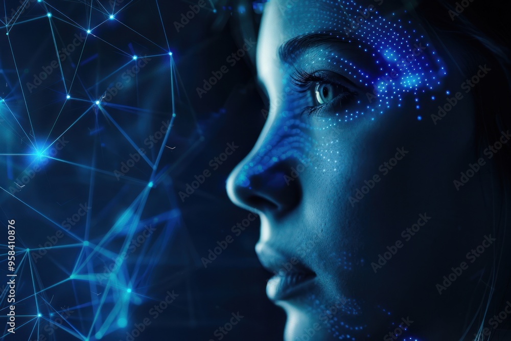 Poster futuristic computer face scan technology portrait science.