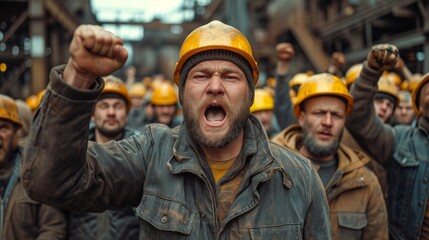 Fototapeta premium Employees at an industrial plant initiate a strike. Protesters in hard hats demand better working terms and higher income.
