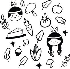 Thanksgiving doodle illustration collection set. Happy thanksgiving celebreation