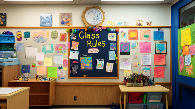A bulletin board with a "Class Rules" poster and various student artwork pinned up.


