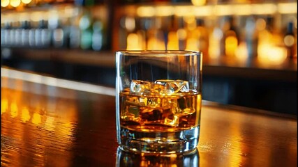 A glass of whiskey on the bar table behind the bar	
