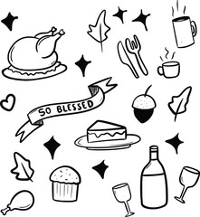 Thanksgiving doodle illustration collection set. Happy thanksgiving celebreation