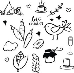 Thanksgiving doodle illustration collection set. Happy thanksgiving celebreation