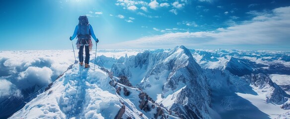 The image captures an alpinist's pride as he conquered the apex, symbolizing professional climbing.
