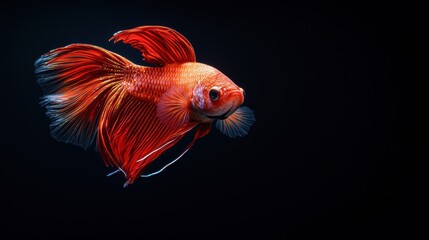 Fototapeta premium Artistic masterpiece depicting elegant scarlet and sunny gold betta fish with delicate gilded sparkles against a deep black backdrop, premium quality wall art. Realistic photograph,